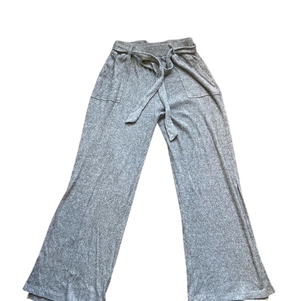 Lauren Conrad Grey High Rise Belted Wide Leg Slit Knit Pants Ribbed Sz S Lounge
